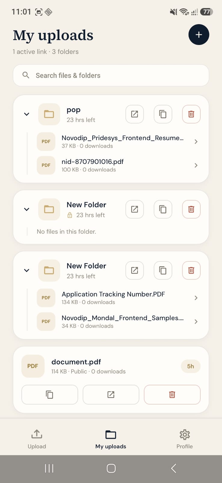 Docuflash Mobile uploads list