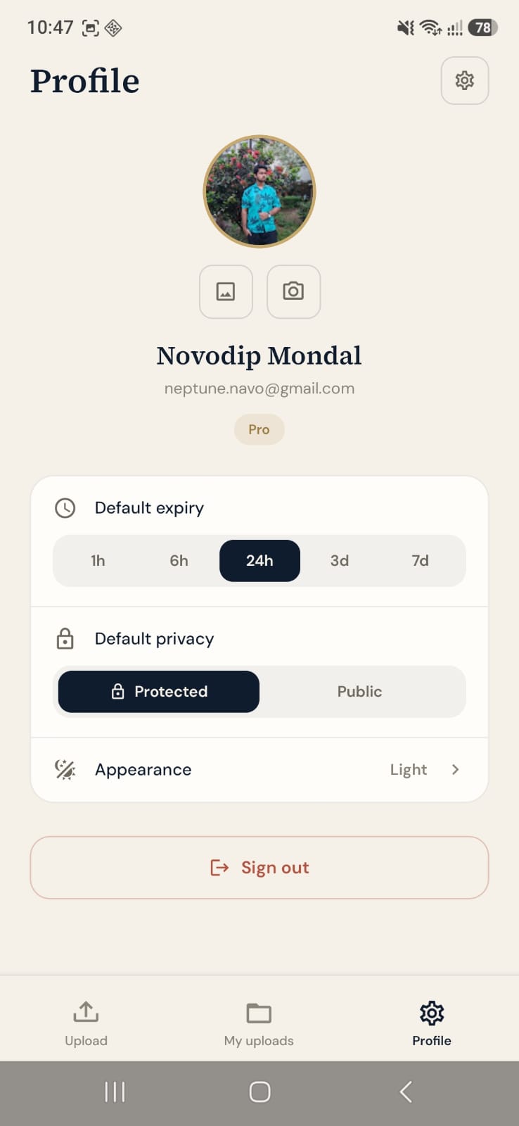 Docuflash Mobile profile screen